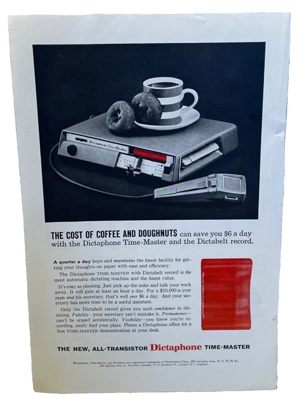 1959 Dictaphone Time-Master Coffee Doughnuts Dictabelt Record Print Ad Nat Geo